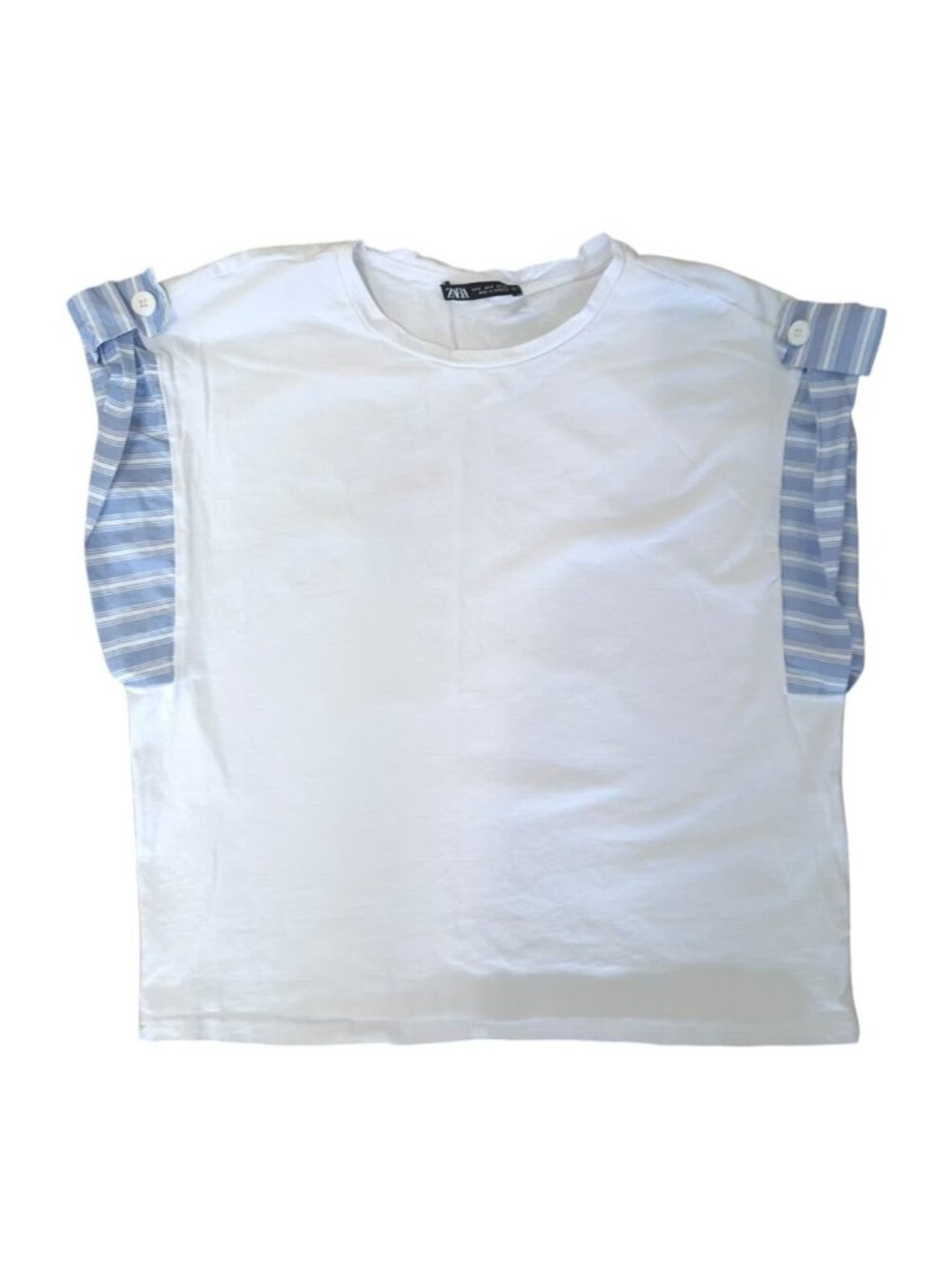 Zara Women's Cotton Top Blue Striped Ruffle Sleeves Size S White